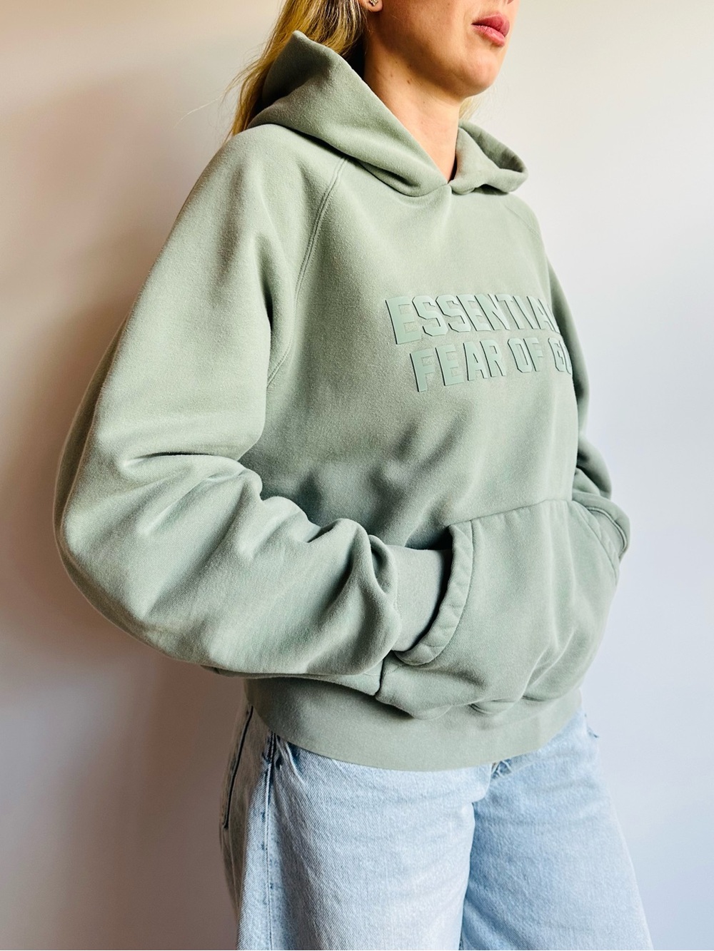 Fear Of God Essentials Sage Green Embossed Logo Hoodie Sweatshirt Streetwear